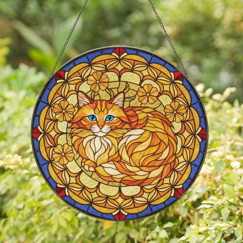 Fluffy Orange Tabby Cat Stained Glass Mosaic - Home Decor Gift for Cat Lover Stained Glass Suncatcher