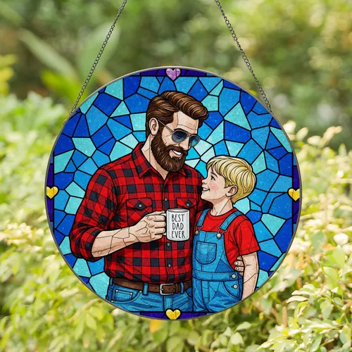 Dad Son Stained Glass Hearts Mosaic - Father's Day Gift for Dads Stained Glass Suncatcher