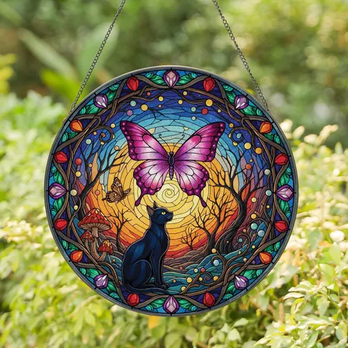 Stained Glass Butterfly Black Cat Twilight Landscape - Home Decor Gift for Cat & Butterfly Lover Stained Glass Suncatcher