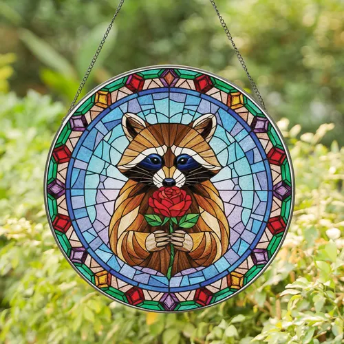 Raccoon Holding Single Red Rose Stained Glass Mosaic - Wildlife Lover Home Decor Gift Stained Glass Suncatcher