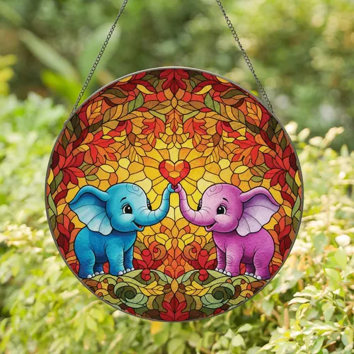 Baby Elephants Heart Autumn Leaves - Home Decor Gift for Elephant Lover Stained Glass Suncatcher