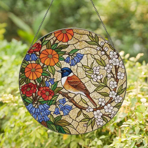 Passerine Bird Diverse Flowers Green Foliage Cracked Mosaic - Home Decor Gift for Bird Lovers Stained Glass Suncatcher