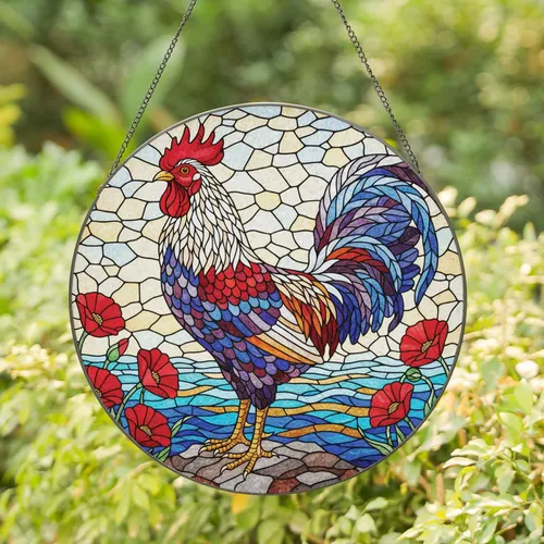 Majestic Rooster Red Poppy Flowers - Farmhouse Decor Gift for Rooster Lover Stained Glass Suncatcher