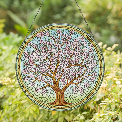 Translucent Tiffany Glass Apple Blossom Tree Pink White Flowers Mosaic Sky Home Decor Gift Stained Glass Suncatcher