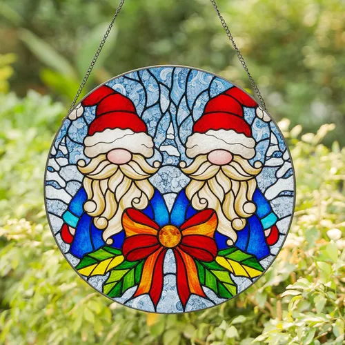Santa Hat Gnomes Holly Winter Forest - Christmas Home Decor Gift Stained Glass Suncatcher