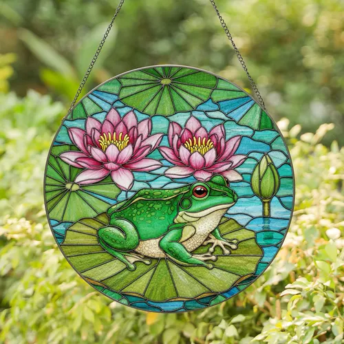 Green Frog Lily Pad Water Lilies Pond Scene - Home Decor Gift for Frog Lover Stained Glass Suncatcher