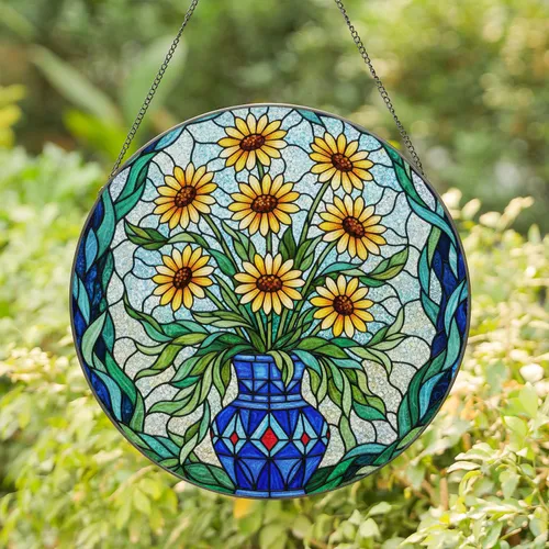 Daisy Flower Bouquet Geometric Vase Mosaic Swirls Leaves - Home Decor Gift Stained Glass Suncatcher
