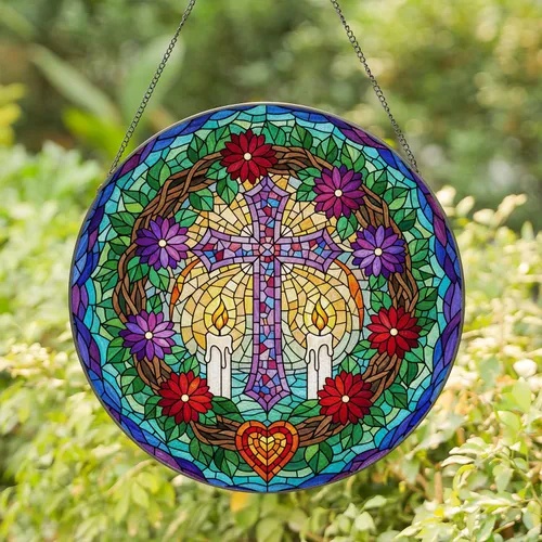 Mosaic Cross Stained Glass Wreath Heart Dahlias - Christian Home Decor Gift Stained Glass Suncatcher