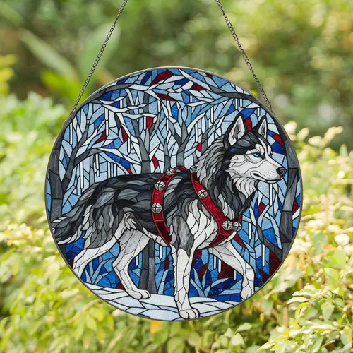 Husky Dog Blue Eyes Red Harness Winter Forest Icy Patterns - Home Decor Gift for Dog Lover Stained Glass Suncatcher
