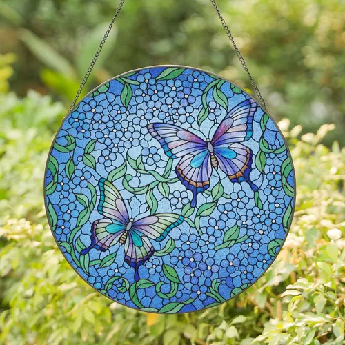 Butterflies Blue Purple Floral Botanical Mosaic - Home Decor Gift for Butterfly Lover Stained Glass Suncatcher