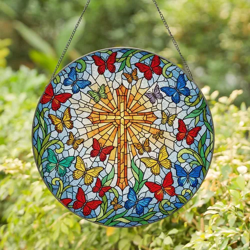 Stained Glass Christian Cross Butterflies Luminous Sky - Religious Home Decor Gift Stained Glass Suncatcher