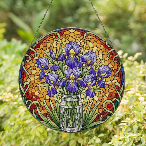 Stained Glass Iris Bouquet Mason Jar Geometric Organic Mosaic - Home Decor Gift Stained Glass Suncatcher
