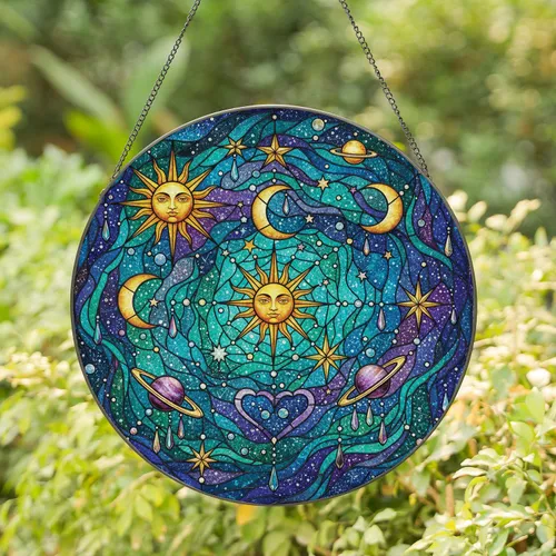 Celestial Suns Moons Stars Planets Hearts - Cosmic Lover Home Decor Gift Stained Glass Suncatcher