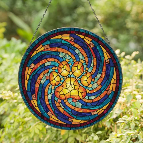Fractured Glass Paw Print Amber Gold Circular Border - Gift for Dog Cat Lover Home Decor Stained Glass Suncatcher