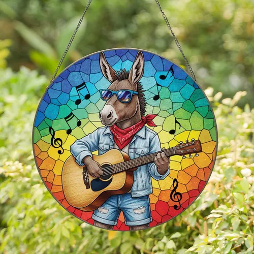 Stained Glass Donkey Playing Acoustic Guitar - Music Lover Home Decor Gift for Musician Stained Glass Suncatcher