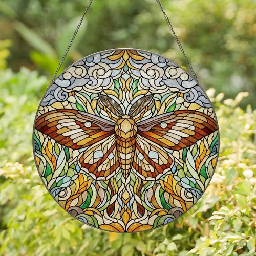 Magnificent Moth Stained Glass Mosaic Flora Clouds - Home Decor Gift for Wildlife Lovers Stained Glass Suncatcher
