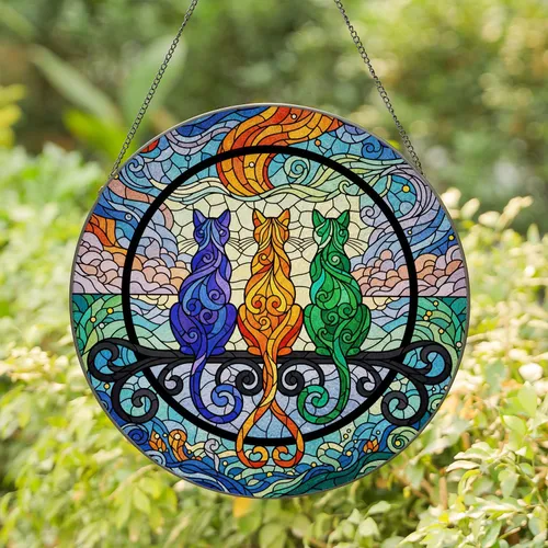 Three Mosaic Cats Wrought Iron Scroll Home Decor Gift for Cat Lover Stained Glass Suncatcher