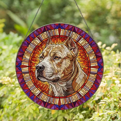 Textured Resolute Pitbull Dog Head Stained Glass Sunburst - Home Decor Gift for Any Dog Lover Stained Glass Suncatcher