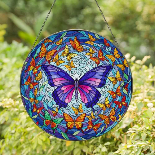 Stained Glass Butterfly Floral Mosaic - Home Decor Gift for Butterfly Lovers Stained Glass Suncatcher