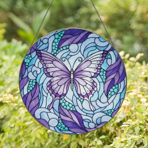 Stained Glass Butterfly Leaf Swirls Water Ripple Organic Mosaic - Home Decor Gift Stained Glass Suncatcher