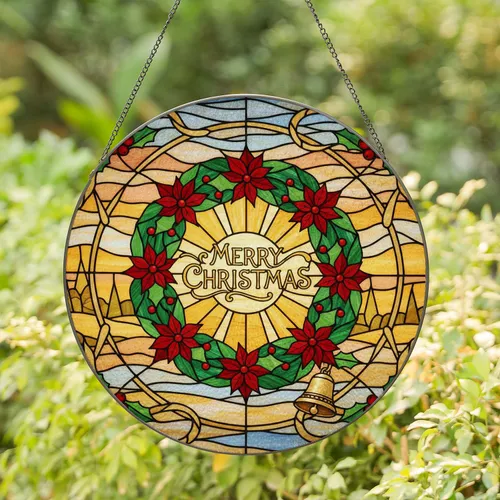 Stained Glass Christmas Wreath Merry Christmas Holly Sunset Sky - Holiday Home Decor Gift Stained Glass Suncatcher