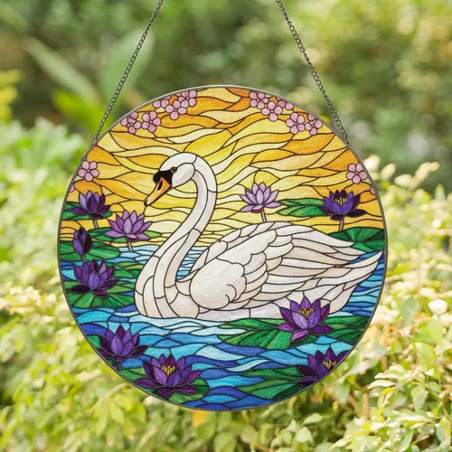 White Swan Purple Water Lilies Pink Flowers Teal Water Mosaic - Home Decor Gift for Nature Lover Stained Glass Suncatcher