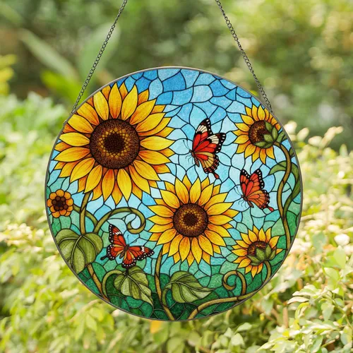 Full Bloom Sunflowers Budding Flowers Butterflies Tiffany Glass Window Decor Stained Glass Suncatcher