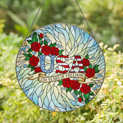 Patriotic USA 250 Years Freedom Banner Red Roses - 250th Anniversary Independence Day Gift Stained Glass Suncatcher