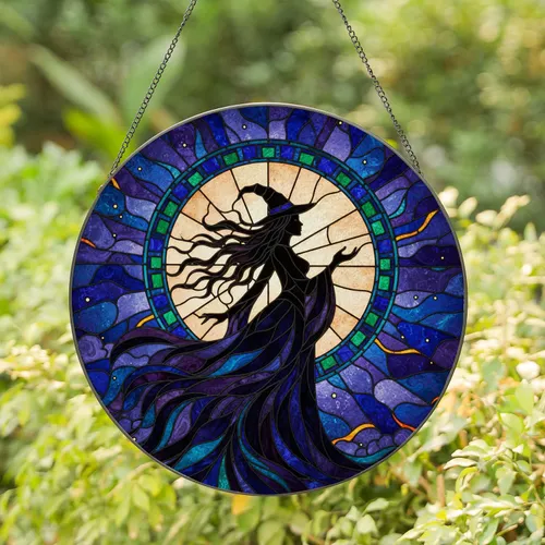 Witch Profile Full Moon Billowing Gown Mosaic Night Sky Leaded Border - Witch Lover Home Decor Gift Stained Glass Suncatcher