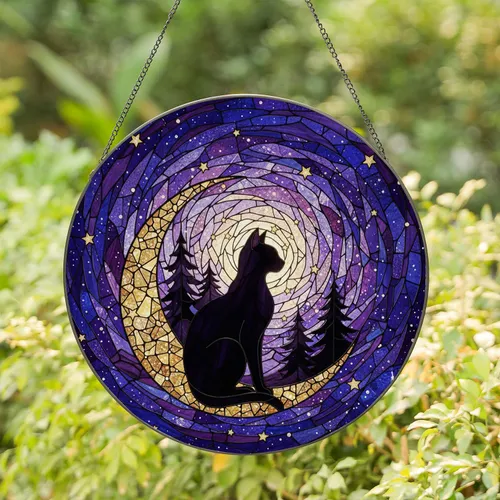 Black Cat Crescent Moon Stained Glass - Cosmic Night Sky Home Decor Gift for Cat Lover Stained Glass Suncatcher