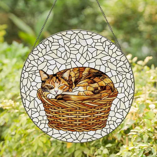 Stained Glass Sleeping Calico Cat Wicker Basket - Home Decor Gift for Cat Lover Stained Glass Suncatcher