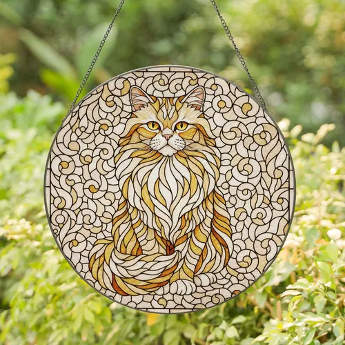 Fluffy Persian Cat Golden Yellow Eyes Fluffy Mane Mosaic Swirls Home Decor Gift for Cat Lover Stained Glass Suncatcher
