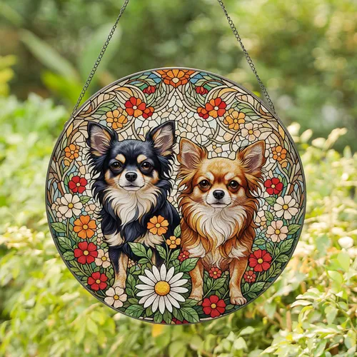 Long-Haired Chihuahua Dogs Daisy Blossom - Home Decor Gift for Dog Lovers Stained Glass Suncatcher