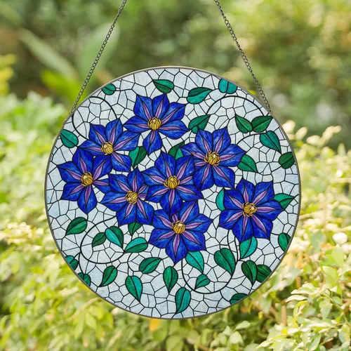 Jewel Tone Clematis Flowers Stained Glass Mosaic - Home Decor Gift for Plant Lover Stained Glass Suncatcher