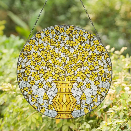 Golden Faceted Vase Delicate Flowering Branches Floral Mosaic - Home Decor Gift Stained Glass Suncatcher