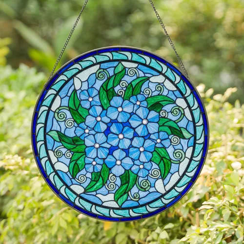 Blue Five-Petal Flowers Emerald Green Leaves Sky Clouds - Home Decor Gift Stained Glass Suncatcher