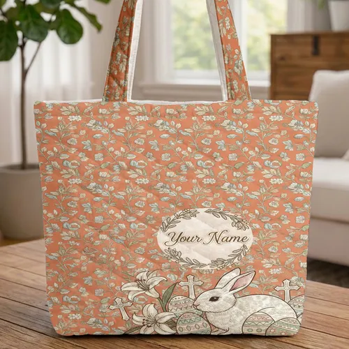 White Bunny Easter Lilies Decorated Eggs Floral Vines - Easter Gift Quilted Tote Bag