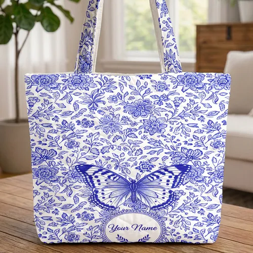 Ornate Butterfly Blue Floral Medallion Laurel Sprig - Everyday Carry Gift Quilted Tote Bag