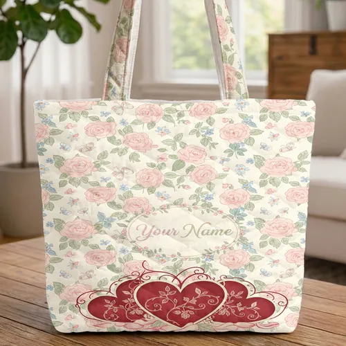 Ornate Hearts Vintage Roses Wildflower Butterfly Floral Wreath - Everyday Carry Gift Quilted Tote Bag
