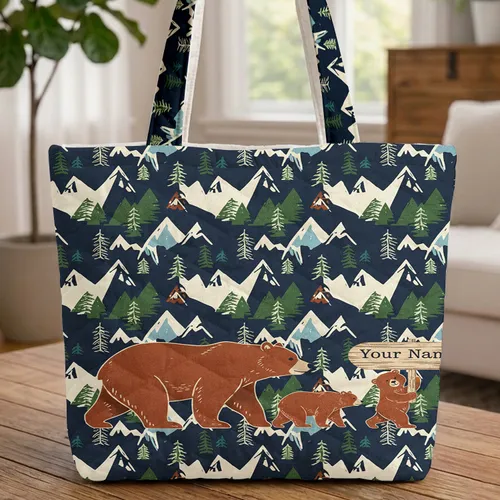 Mama Bear Cubs Mountain Pine Forest Wooden Sign - Everyday Carry Gift For Mom Quilted Tote Bag