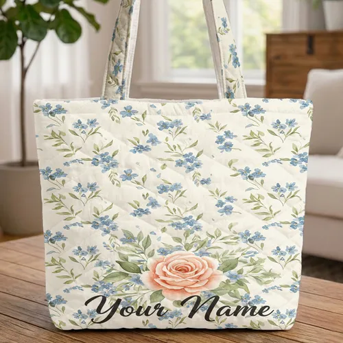 Forget Me Not Peach Rose Floral Personalized Calligraphy - Everyday Carry Gift Quilted Tote Bag