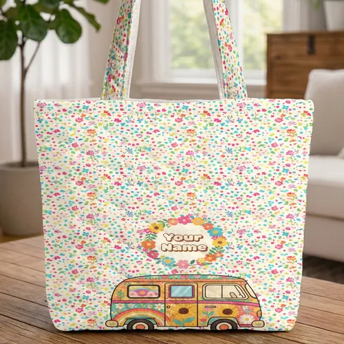 Retro Camper Van Floral Wreath Personalized Name - Travel Essentials Quilted Tote Bag