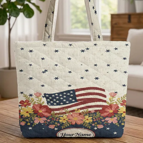 Patriotic American Flag Wildflowers Stars Personalized - Everyday Carry Gift Quilted Tote Bag