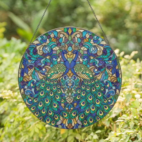 Glowing Translucent Peacock Fanned Tail Feather Floral Swirl Mosaic - Home Decor Gift Stained Glass Suncatcher