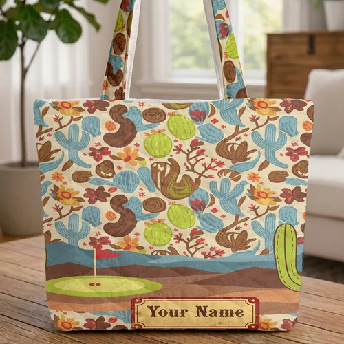 Saguaro Desert Golf Vintage Name Plaque Everyday Carry Gift for Golfer Quilted Tote Bag