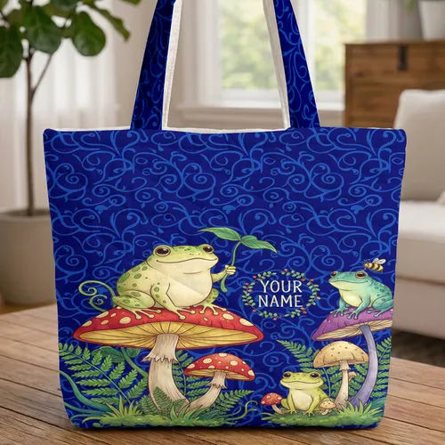 Storybook Frogs Mushroom Floral Wreath Personalized Name - Nature Lover Everyday Carry Gift Quilted Tote Bag
