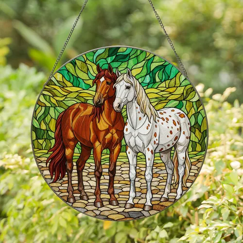Stained Glass Brown Horse White Appaloosa Stone Ground Rolling Hills Foliage - Home Decor Gift Stained Glass Suncatcher