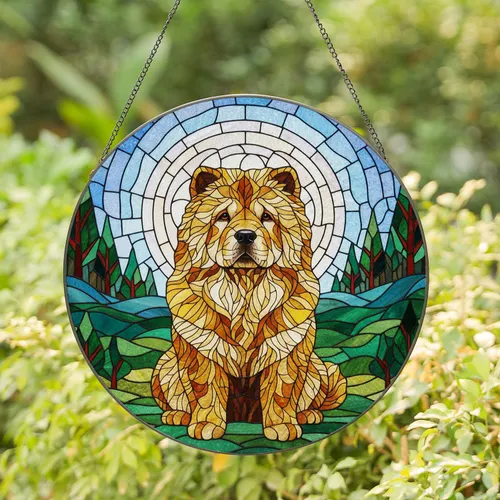 Fluffy Chow Chow Dog Seated Halo Rolling Hills Trees - Home Decor Gift for Chow Chow Lover Stained Glass Suncatcher