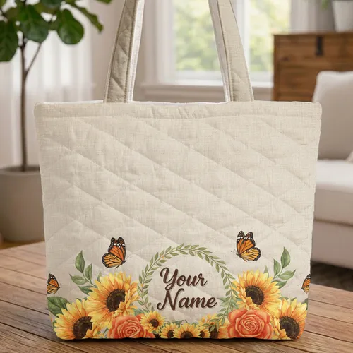 Sunflower Rose Botanical Bouquet Monarch Butterfly - Everyday Carry Gift Quilted Tote Bag