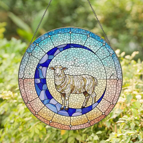 Vibrant Mosaic Tiffany Glass Sheep Crescent Moon Golden Blue Sky - Animal Lover Gift Stained Glass Suncatcher